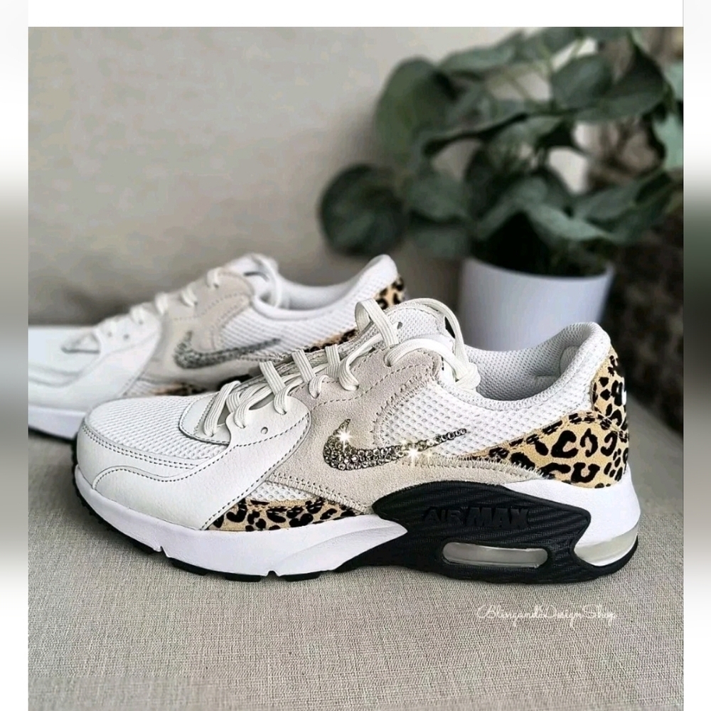 Bling Nike Air Max Excee Womens White Sneakers Shoes Leopard Print Customized - Picture 6 of 7